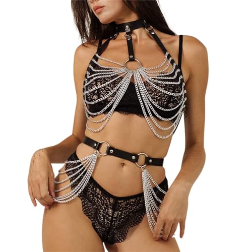 FOCICE Harness Damen Leder Brustkette Brustfrei Dessous Ketten Bh Frauen Gothic Geschichtet Körperkette Oberkörper Body Chain Punk Körperketten Fetisch Kleidung Rave Festival Outfit Accessoires von FOCICE