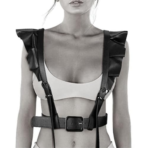 FOCICE Damen Leder Body Harness – Verstellbarer Gothic Taillengürtel mit Rüschen für Party, Cosplay & Festival Outfits, Schwarz von FOCICE