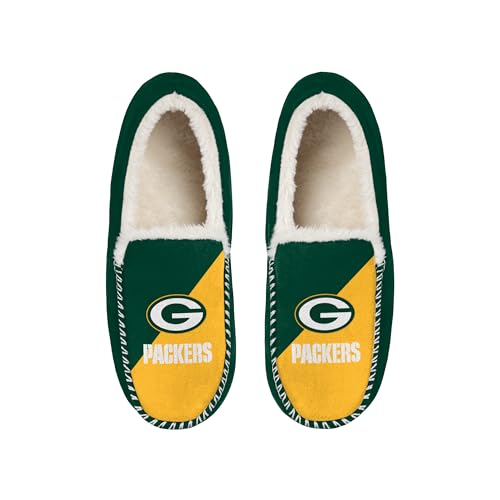 FOCO NFL Unisex-Erwachsene Offiziell lizenzierte Color Block Primary Logo Sherpa gefütterte Mokassin-Hausschuhe, Green Bay Packers, 13-14 Women/11-12 Men von FOCO