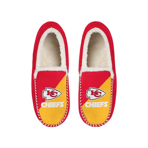 FOCO NFL Unisex-Erwachsene Offiziell lizenzierte Color Block Primary Logo Sherpa gefütterte Mokassin-Hausschuhe, Kansas City Chiefs, 9-10 Women/7-8 Men von FOCO