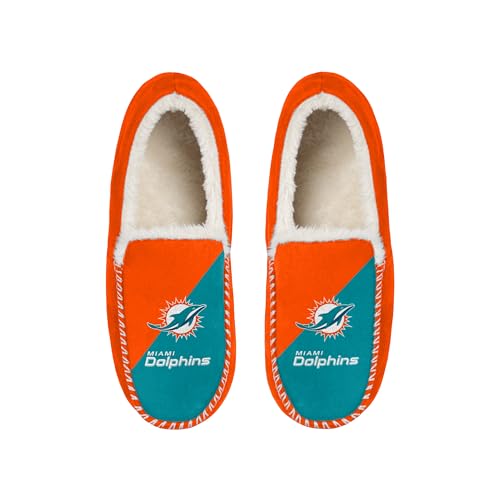FOCO NFL Unisex-Erwachsene Offiziell lizenzierte Color Block Primary Logo Sherpa gefütterte Mokassin-Hausschuhe, Miami Delfine, 15-16 Women/13-14 Men von FOCO