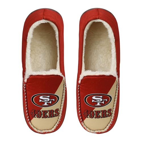FOCO NFL Unisex-Erwachsene Offiziell lizenzierte Color Block Primary Logo Sherpa gefütterte Mokassin-Hausschuhe, San Francisco 49Ers, 9-10 Women/7-8 Men von FOCO