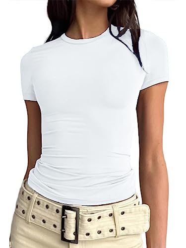 FOFAINWE Damen Basic Casual Going Out Shirt Crop Tops Slim Fit Kurzarm Y2K Tops Rundhals Enge T-Shirts, weiß, M von FOFAINWE