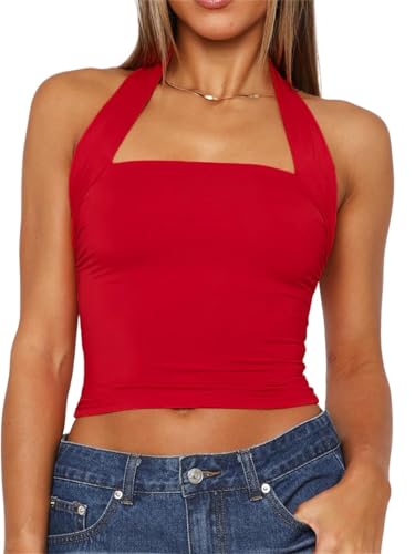 FOFAINWE Damen Neckholder Rückenfreies Crop Top Ärmelloses Sexy Y2K Tank Rücken Slim Fit Tops(Red,XS) von FOFAINWE