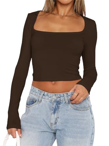 FOFAINWE Damen Quadratischer Ausschnitt Langarm Crop Top Mode Slim Fitted Shirt Y2K Going Out Top Workout Herbst Outfits(Dunkelbraun,XS) von FOFAINWE
