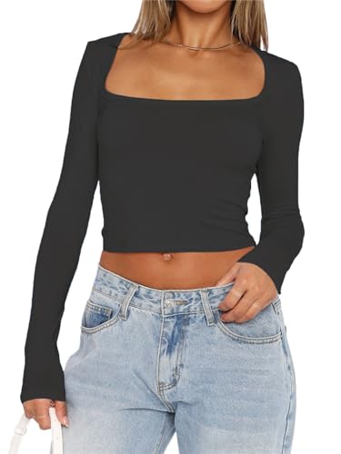 FOFAINWE Damen Quadratischer Ausschnitt Langarm Crop Top Mode Slim Fitted Shirt Y2K Going Out Top Workout Herbst Outfits(Dunkelgrau,XS) von FOFAINWE