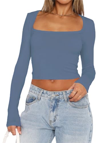 FOFAINWE Damen Quadratischer Ausschnitt Langarm Crop Top Mode Slim Fitted Shirt Y2K Going Out Top Workout Herbst Outfits(Eschenblau,XS) von FOFAINWE
