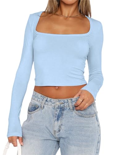 FOFAINWE Damen Quadratischer Ausschnitt Langarm Crop Top Mode Slim Fitted Shirt Y2K Going Out Top Workout Herbst Outfits(Himmelblau,L) von FOFAINWE
