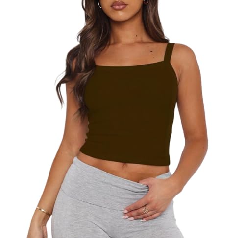 FOFAINWE Damen Quadratischer Hals Gerippt Rückenfrei Geschnittenes Tank Top Sommer Basic Ärmellos Slim Fit Y2k Tank Tops(Braun,S) von FOFAINWE