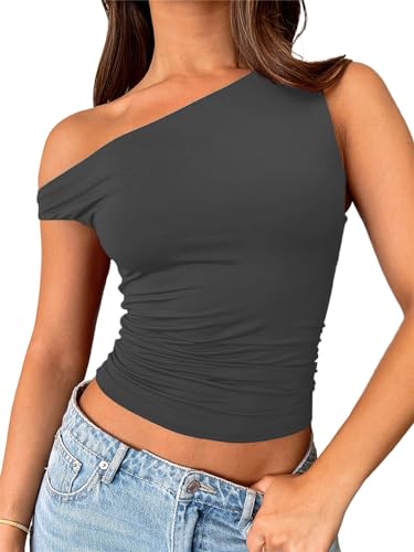 FOFAINWE Damen Schulterfrei Tops Ärmellos Ausgehen Crop Tank Tops Slim Fitted Shirts Sommer Outfits Y2K Cute Tops(Grau,L) von FOFAINWE