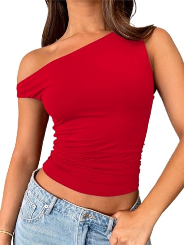 FOFAINWE Damen Schulterfrei Tops Ärmellos Ausgehen Crop Tank Tops Slim Fitted Shirts Sommer Outfits Y2K Cute Tops(Rot,L) von FOFAINWE