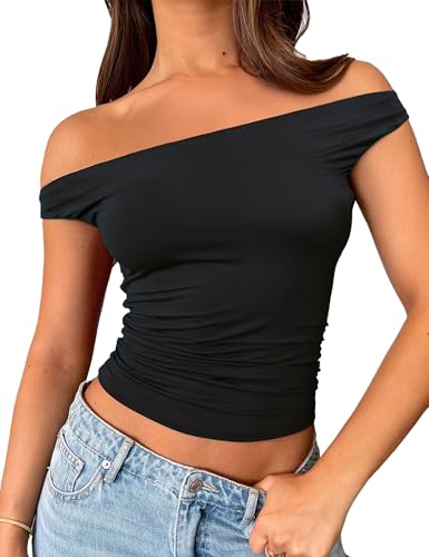 FOFAINWE Damen Schulterfreie Tops Ausgehen Crop Top Slim Fitted Shirts Doppelt gefüttert Sommer Outfits Y2K Niedliche Tops(Black,XS) von FOFAINWE
