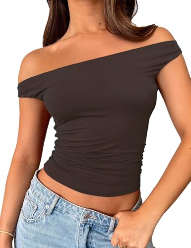 FOFAINWE Damen Schulterfreie Tops Ausgehen Crop Top Slim Fitted Shirts Doppelt gefüttert Sommer Outfits Y2K Niedliche Tops(Brown,M) von FOFAINWE