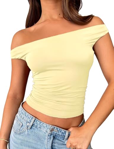 FOFAINWE Damen Schulterfreie Tops Ausgehen Crop Top Slim Fitted Shirts Doppelt gefüttert Sommer Outfits Y2K Niedliche Tops(Yellow,L) von FOFAINWE