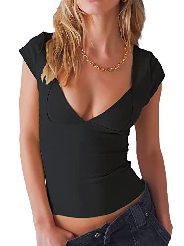 FOFAINWE Damen Sexy Rückenfrei Crop Tank Tops Tiefer V-Ausschnitt Kurzarm T-Shirts Slim Fit Y2K Tops Offener Rücken Cami Tops, Schwarz , Small von FOFAINWE