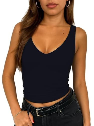 FOFAINWE Damen Sleevelsee V Hals Crop Tank Top Sommer Double Layer Ausgehen Workout Casual Basic Tops(Black,S) von FOFAINWE