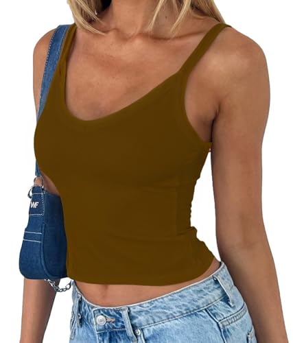 FOFAINWE Damen Sommer gerippt V-Ausschnitt rückenfrei beschnitten Tank Top ärmellos Ausgehen Y2k Tank Tops(Braun,S) von FOFAINWE