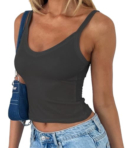 FOFAINWE Damen Sommer gerippt V-Ausschnitt rückenfrei beschnitten Tank Top ärmellos Ausgehen Y2k Tank Tops(Dunkelgrau,L) von FOFAINWE