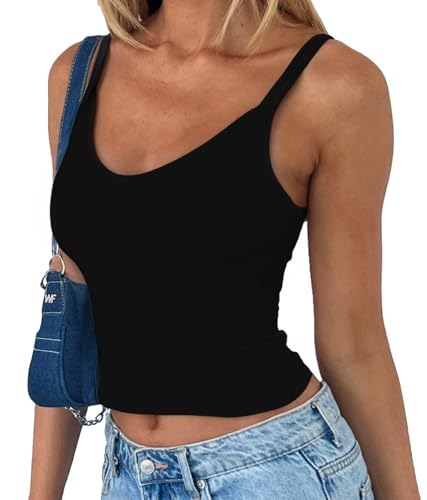 FOFAINWE Damen Sommer gerippt V-Ausschnitt rückenfrei beschnitten Tank Top ärmellos Ausgehen Y2k Tank Tops(Schwarz,L) von FOFAINWE