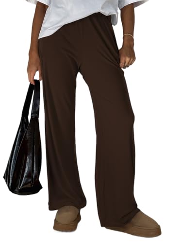 FOFAINWE Damen Weites Bein Ribber Pant Lose Gemütliche Casual Sweatpants Pyjama Lounge Flowy Hosen Mit Taschen(Dunkelbraun,XS) von FOFAINWE