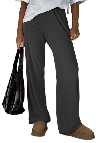 FOFAINWE Damen Weites Bein Ribber Pant Lose Gemütliche Casual Sweatpants Pyjama Lounge Flowy Hosen Mit Taschen(Dunkelgrau,S) von FOFAINWE