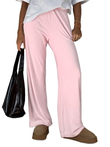 FOFAINWE Damen Weites Bein Ribber Pant Lose Gemütliche Casual Sweatpants Pyjama Lounge Flowy Hosen Mit Taschen(Rosa,L) von FOFAINWE