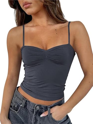 FOFAINWE Damen ärmelloses herzförmiger Ausschnitt Crop Tank Tops rückenfrei Spaghettiträger Plissee Bustier Y2K Camis Ausgehen Top(Dunkelgrau,M) von FOFAINWE