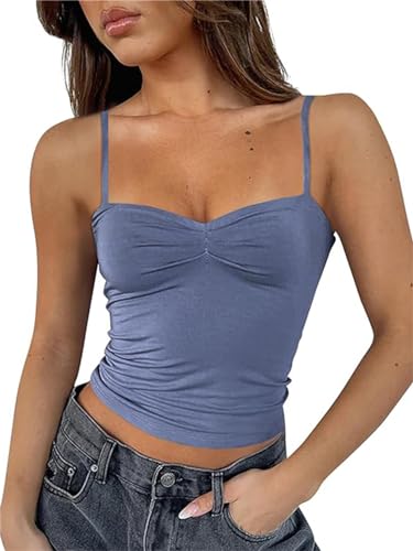 FOFAINWE Damen ärmelloses herzförmiger Ausschnitt Crop Tank Tops rückenfrei Spaghettiträger Plissee Bustier Y2K Camis Ausgehen Top(Eschenblau,S) von FOFAINWE