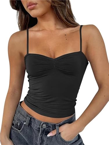 FOFAINWE Damen ärmelloses herzförmiger Ausschnitt Crop Tank Tops rückenfrei Spaghettiträger Plissee Bustier Y2K Camis Ausgehen Top(Schwarz,L) von FOFAINWE