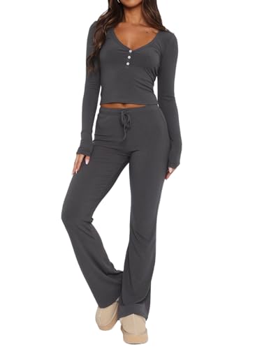 FOFAINWE Damen gestrickt gerippt 2 Stück Pyjama Set Langarm Knopf Crop Top und Flare Wide Leg Hose Lounge Sweatsuits Schlafanzug PJ Set(Dunkelgrau,L) von FOFAINWE