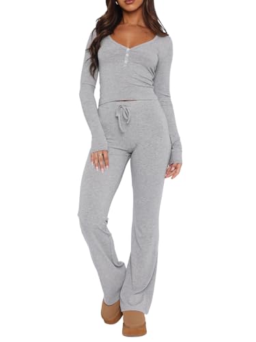FOFAINWE Damen gestrickt gerippt 2 Stück Pyjama Set Langarm Knopf Crop Top und Flare Wide Leg Hose Lounge Sweatsuits Schlafanzug PJ Set(Grau,M) von FOFAINWE
