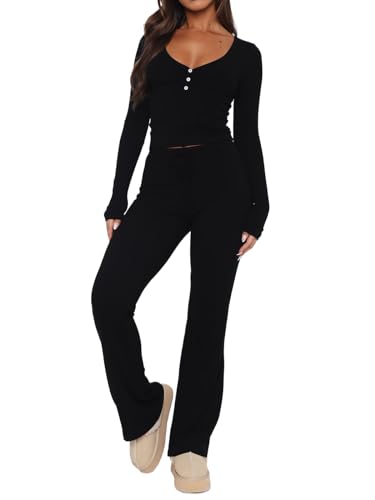 FOFAINWE Damen gestrickt gerippt 2 Stück Pyjama Set Langarm Knopf Crop Top und Flare Wide Leg Hose Lounge Sweatsuits Schlafanzug PJ Set(Schwarz,M) von FOFAINWE