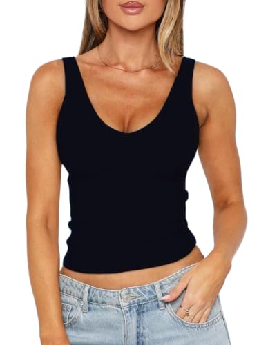 FOFAINWE Deep V Tank Top Frau - Sommer Going Out Backless V Doppelt gefüttert Crop Tops Y2K (Schwarz,M) von FOFAINWE