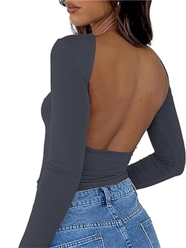 FOFAINWE Frauen Sexy Rückenfrei Langarm T Shirt Slim Fit Rundhalsausschnitt Sommer Casual Y2K Crop Top,dunkelgrau, S von FOFAINWE