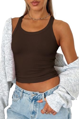 FOFAINWE Gerippte Cropped Tank Top - Rundhalsausschnitt Workout Sommer Halter Tops Ärmellos Basic Camis Racerback (Braun,XS) von FOFAINWE