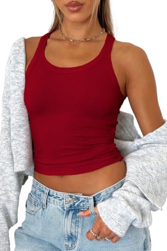 FOFAINWE Gerippte Cropped Tank Top - Rundhalsausschnitt Workout Sommer Halter Tops Ärmellos Basic Camis Racerback (Burgunderfarben,M) von FOFAINWE