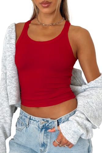 FOFAINWE Gerippte Cropped Tank Top - Rundhalsausschnitt Workout Sommer Halter Tops Ärmellos Basic Camis Racerback (Rot,M) von FOFAINWE