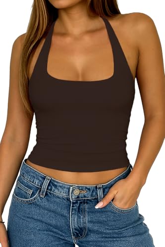 FOFAINWE Halfter Tops für Frauen - Racerback Tank Tops Niedlich Quadratischer Ausschnitt Ärmelloses Basic (Braun,XS) von FOFAINWE