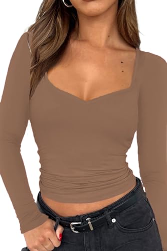 FOFAINWE Langarm Crop Top - Sexy Going Out Tops Sweetheart Ausschnitt Shirts für Frauen Herbst Trendy Kleidung (Braun,M) von FOFAINWE