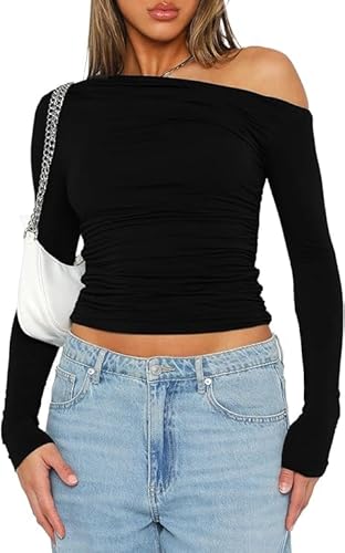 FOFAINWE Langarmshirts Für Damen Oberteile - Crop Oberteil Frauen Sexy Carmenausschnitt Brautparty Slim Passform Einfarbig (Schwarz,M) von FOFAINWE