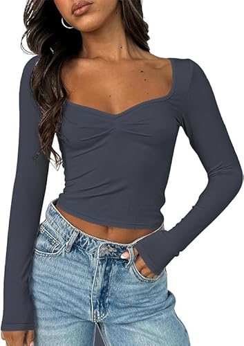 FOFAINWE Langarmshirts Für Damen Oberteile - Herzausschnitt Crop Oberteil Ausgehen Tops Y2K Slim Passform Einfarbig Frauen Sexy (Dunkelgrau,L) von FOFAINWE