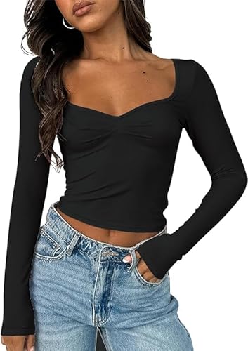 FOFAINWE Langarmshirts Für Damen Oberteile - Herzausschnitt Crop Oberteil Ausgehen Tops Y2K Slim Passform Einfarbig Frauen Sexy (Schwarz,M) von FOFAINWE