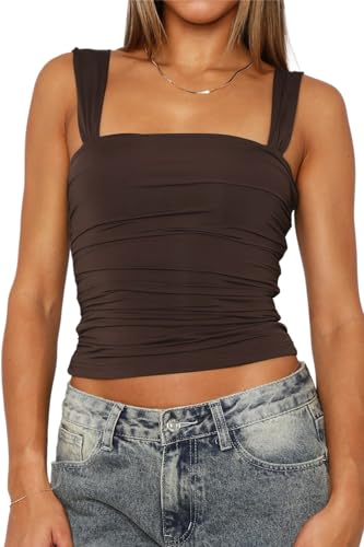 FOFAINWE Quadratischer Ausschnitt Tank Top Frau - Doppelt gefüttert Ausgehen Tops Sommer Geraffte Backless Crop Strappy Cute (Braun,S) von FOFAINWE