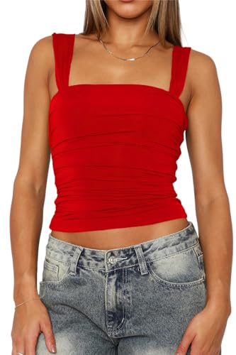 FOFAINWE Quadratischer Ausschnitt Tank Top Frau - Doppelt gefüttert Ausgehen Tops Sommer Geraffte Backless Crop Strappy Cute (Rot,XS) von FOFAINWE