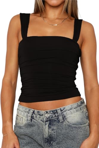 FOFAINWE Quadratischer Ausschnitt Tank Top Frau - Doppelt gefüttert Ausgehen Tops Sommer Geraffte Backless Crop Strappy Cute (Schwarz,L) von FOFAINWE