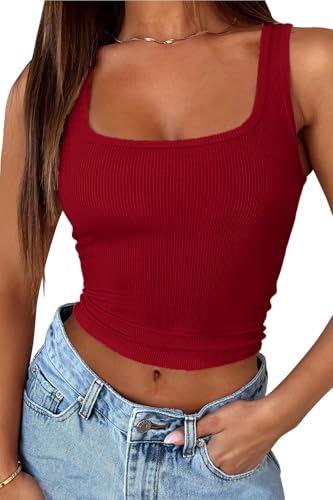 FOFAINWE Quadratischer Hals Tank Top Frauen - Gerippte Sommer Crop Tops Ärmellos Niedlich Ausgehen Camis (Burgunderfarben,L) von FOFAINWE
