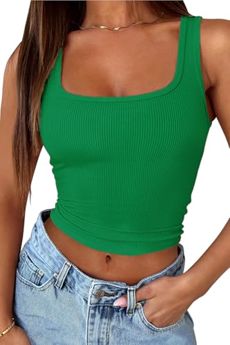 FOFAINWE Quadratischer Hals Tank Top Frauen - Gerippte Sommer Crop Tops Ärmellos Niedlich Ausgehen Camis (Grün,S) von FOFAINWE