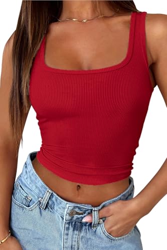 FOFAINWE Quadratischer Hals Tank Top Frauen - Gerippte Sommer Crop Tops Ärmellos Niedlich Ausgehen Camis (Rot,M) von FOFAINWE