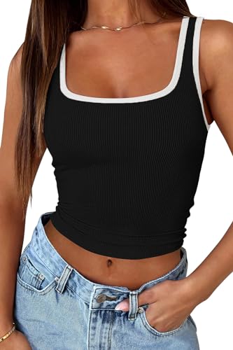 FOFAINWE Quadratischer Hals Tank Top Frauen - Gerippte Sommer Crop Tops Ärmellos Niedlich Ausgehen Camis (Schwarz+Weiß,XS) von FOFAINWE