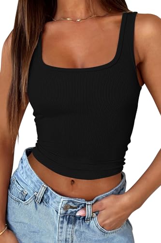 FOFAINWE Quadratischer Hals Tank Top Frauen - Gerippte Sommer Crop Tops Ärmellos Niedlich Ausgehen Camis (Schwarz,XS) von FOFAINWE